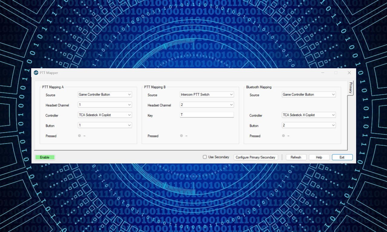 PTT Mapper V4 main window: PTT Mapping A, PTT Mapping B and Bluetooth Mapping, each choosing its own source